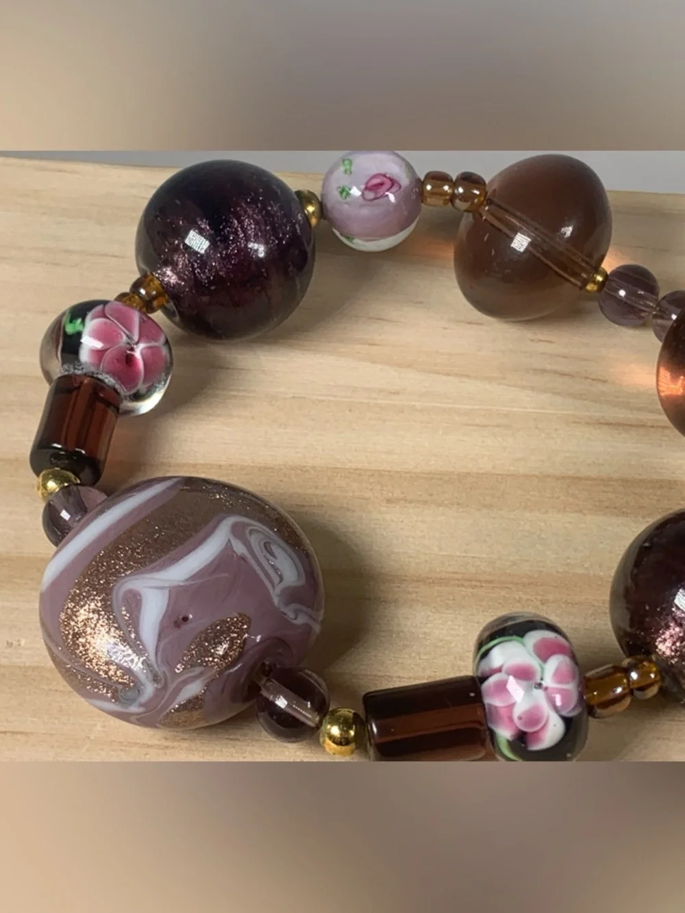 Vintage Purple Floral Murano Lampwork Glass Beaded Stretch Bracelet 7”